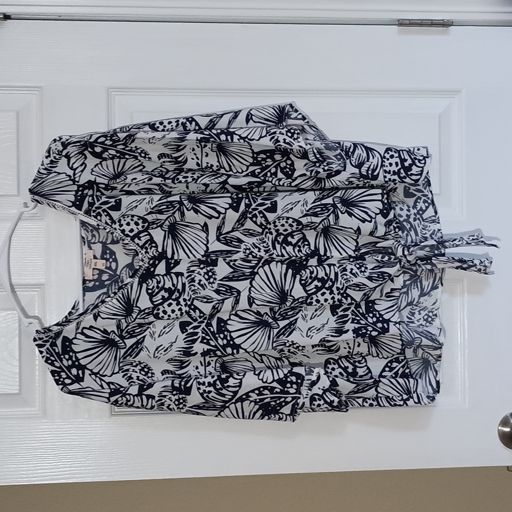 Como Vintage Sea Shell Blue and White Tie Front Size 2X Tunic Shirt (b333)